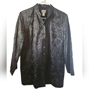 Chicos sz 1 Asian inspired blazer silk jacket embroidered black design US medium